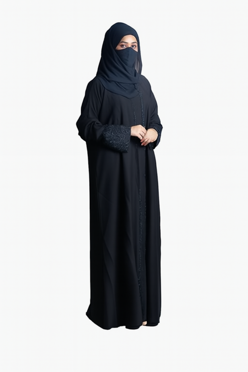 Elegant Black Abaya, Dubai Style, Embellished Sleeves-Black (Size-XL)